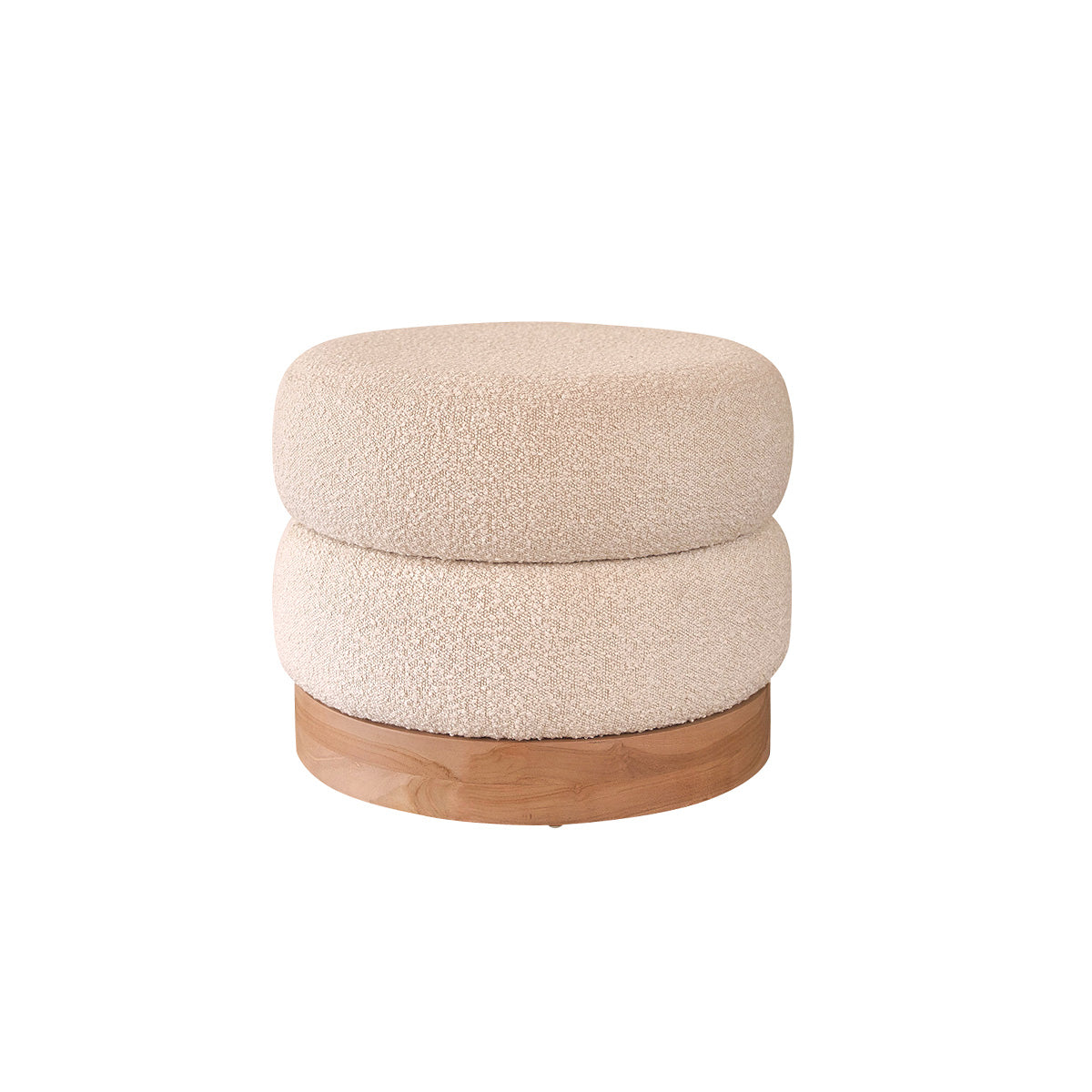 SERENE - Puf de teca maciza y tejido bouclette blanco Ø55 cm