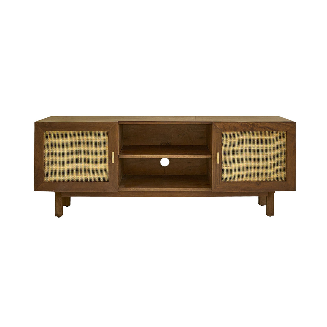 RAPHAEL - Mueble TV de mango macizo acabado nogal y rejilla de 140 cm