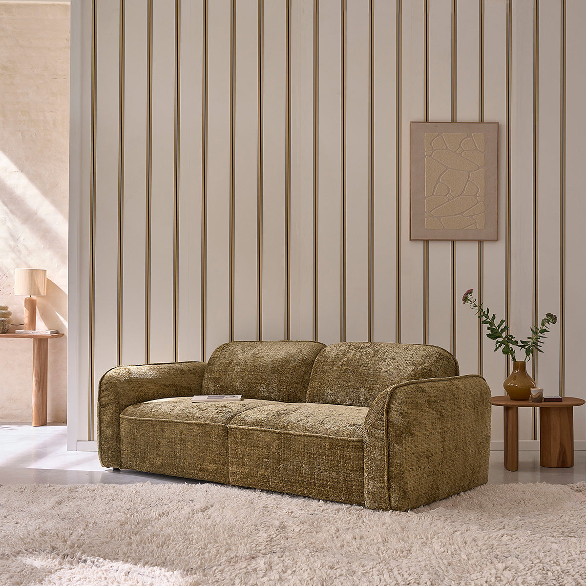 HECTOR - Sofá recto de 3 plazas en terciopelo texturizado verde