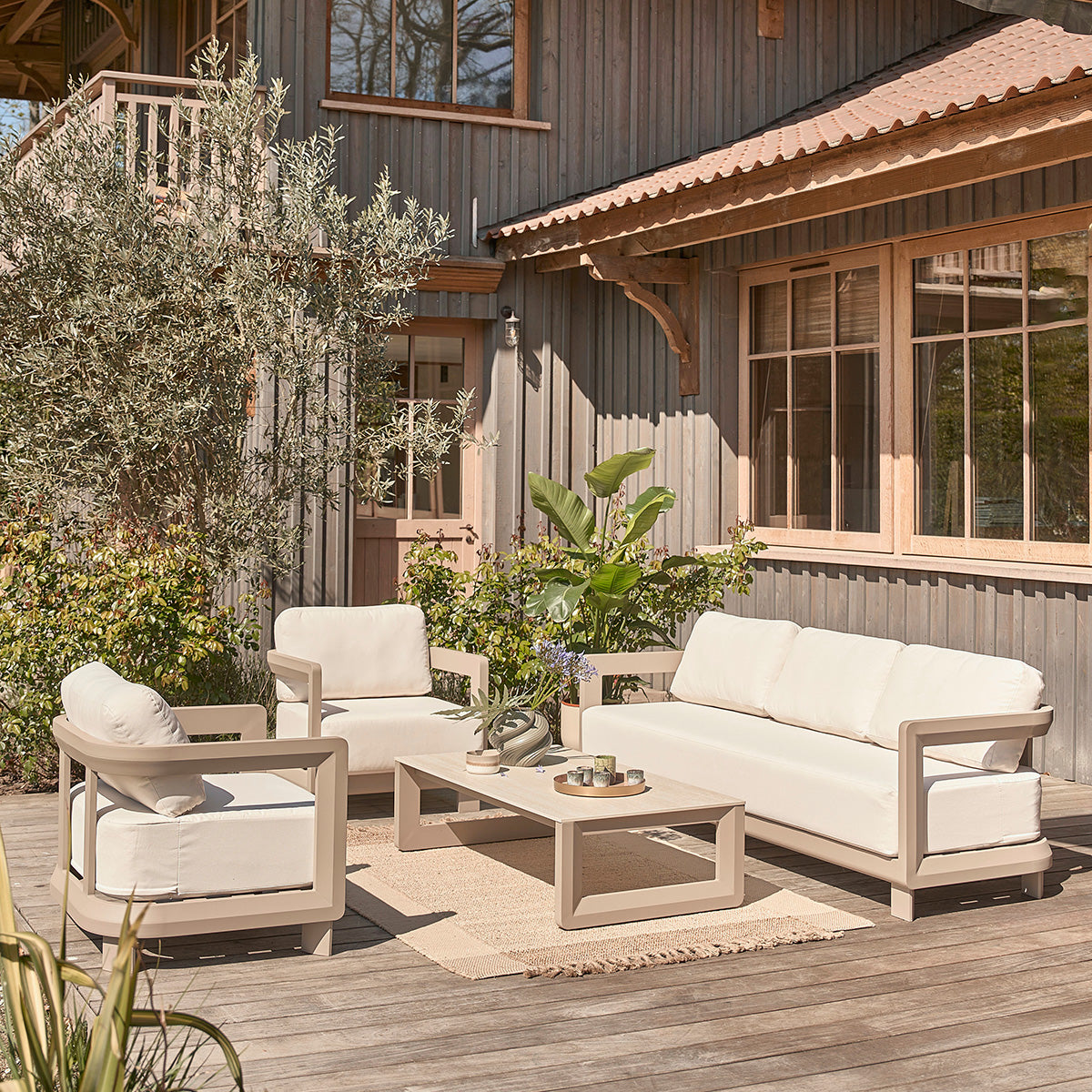 CALIZA - Conjunto de muebles de jardín bajo de aluminio color topo para 5 personas
