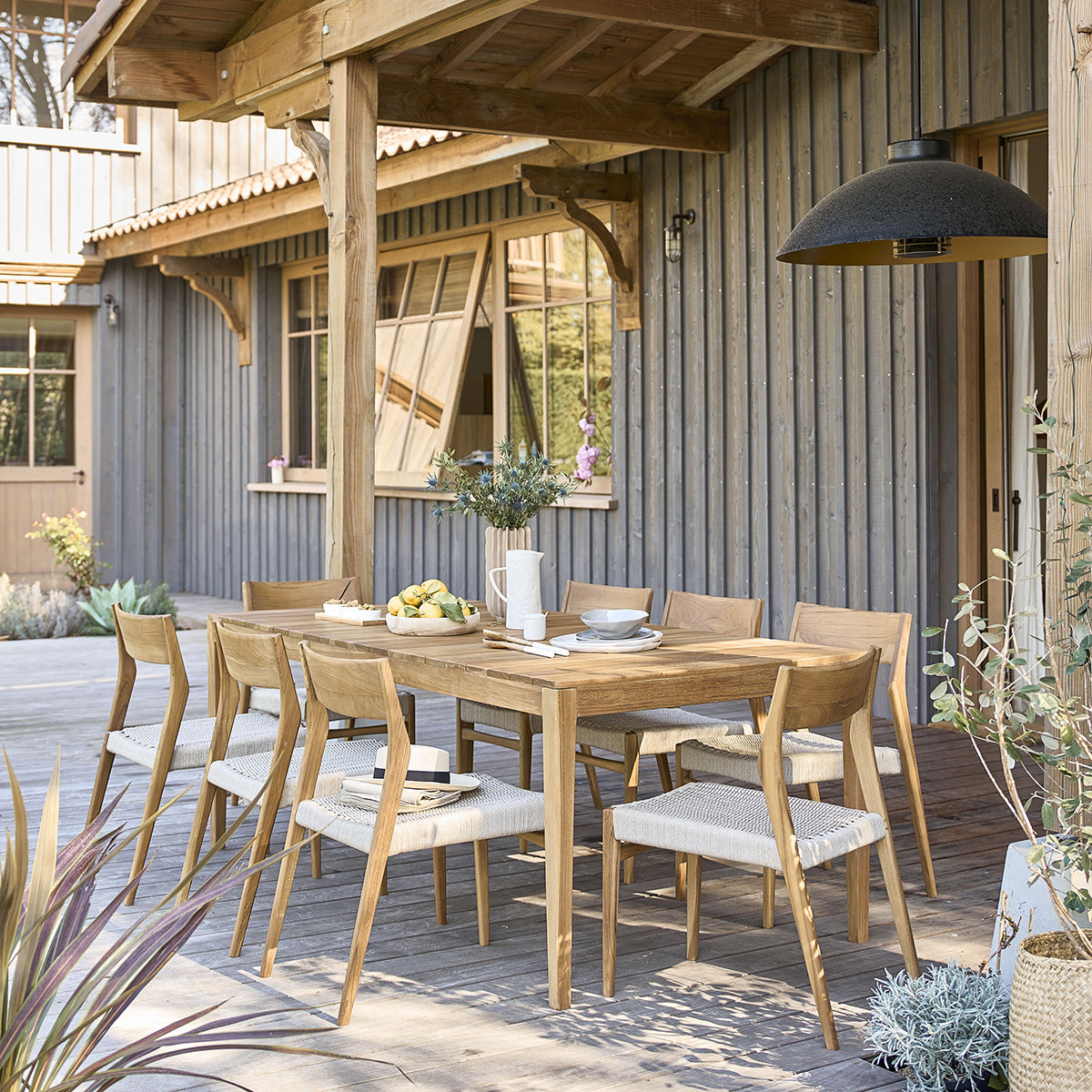 LIVIE - Salón de exterior de teca maciza y cuerda beige para 8 pers.