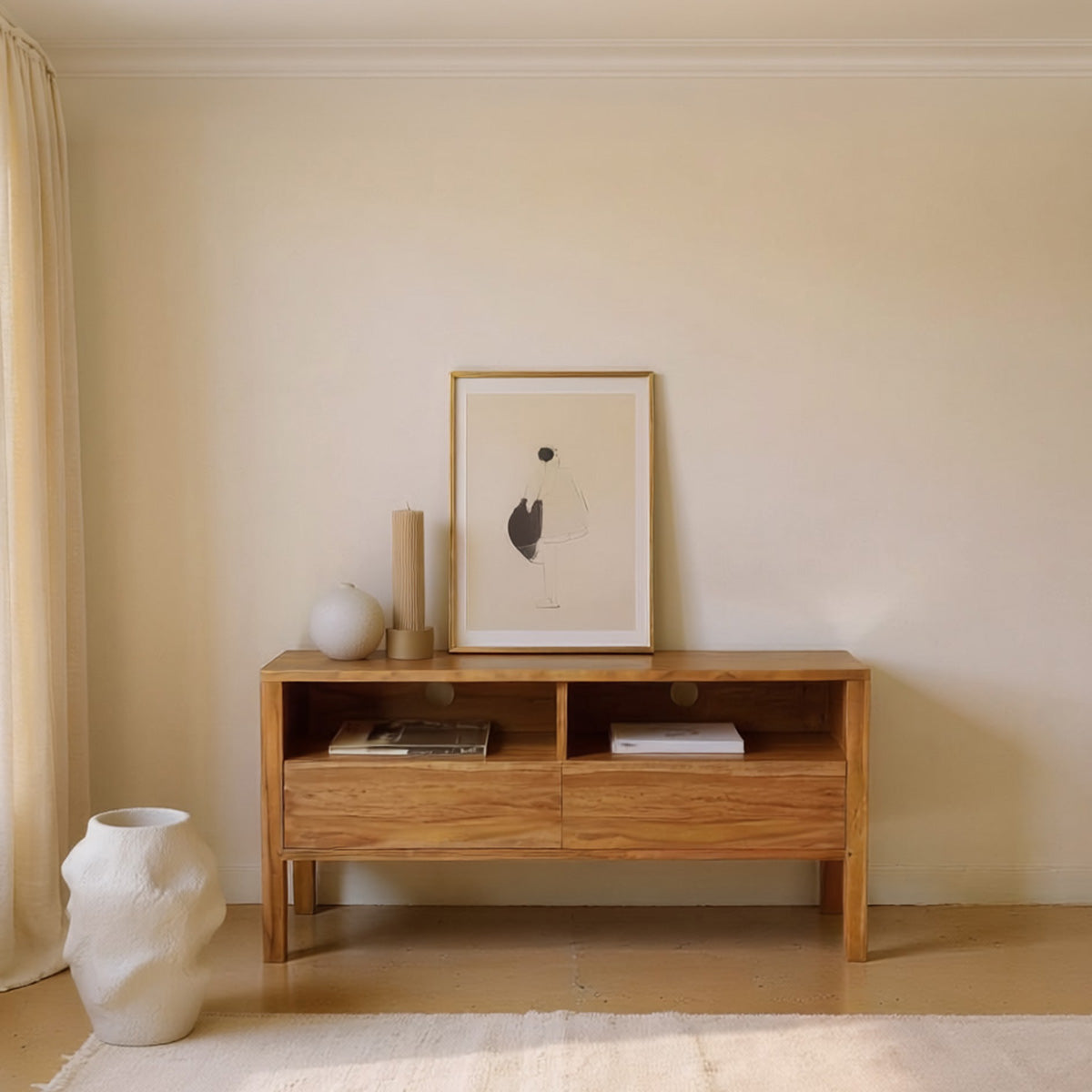 NIDO - Mueble de TV de teca maciza 2 cajones 100 cm