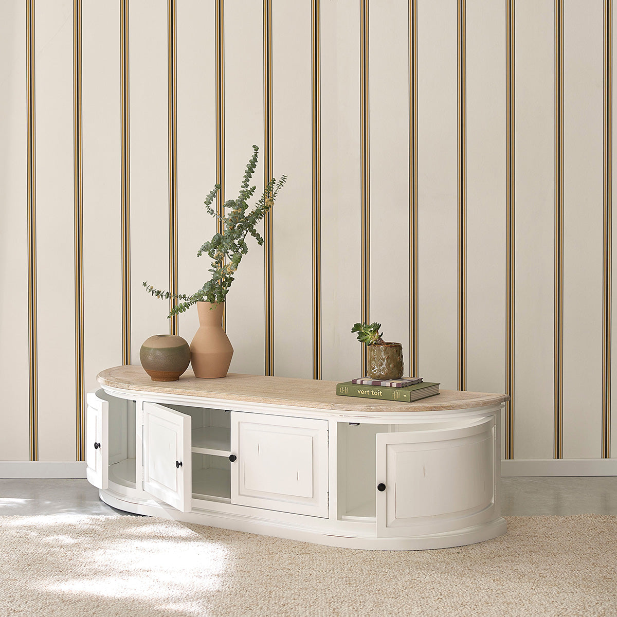 DEMEURE - Mueble de TV de madera de caoba y teca blanco 160 cm