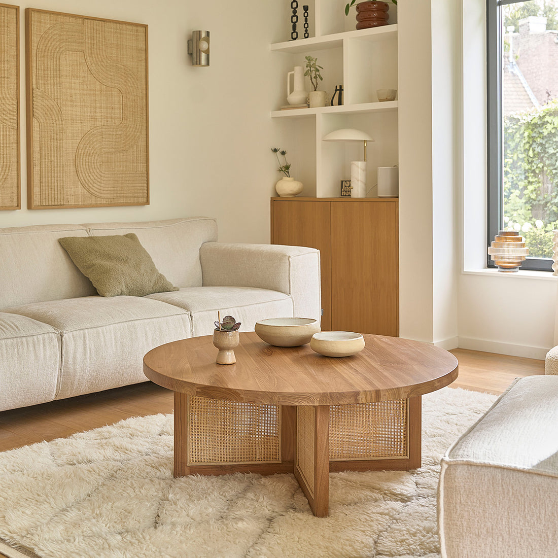 MARCEAU - Mesa de centro de teca maciza pata rejilla Ø 100 cm