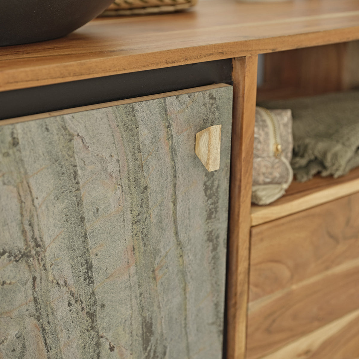 EDEN ROCK - Mueble para lavabo de acacia maciza y piedra de 155 cm
