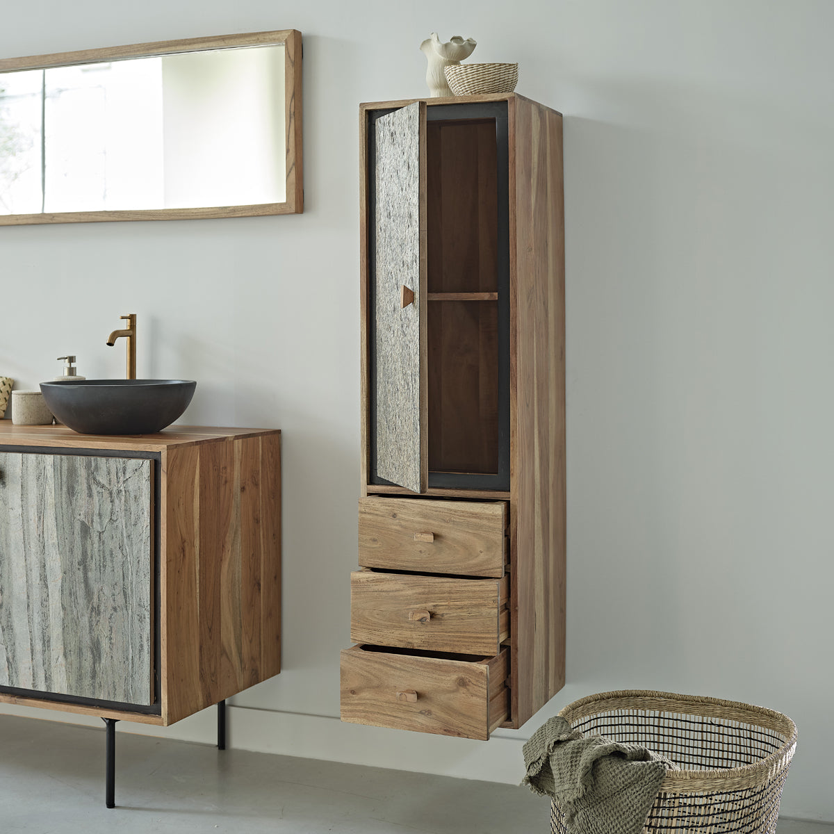 EDEN ROCK - Columna de baño de acacia maciza y piedra 130 cm
