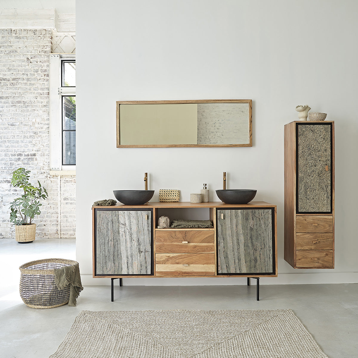 EDEN ROCK - Columna de baño de acacia maciza y piedra 130 cm