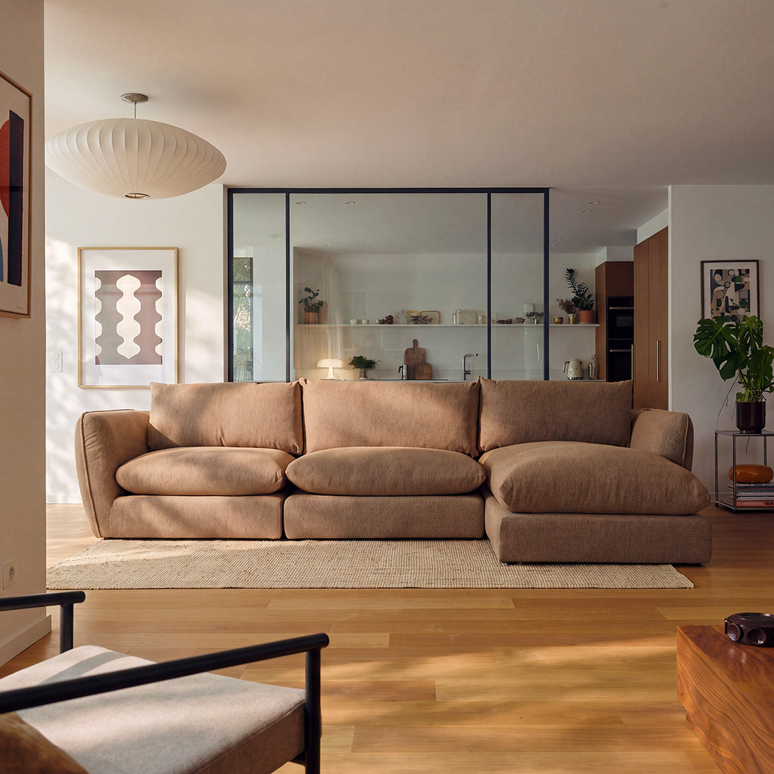 LEOPOLD - Sofá esquinero modular de 3 plazas en tejido texturizado marrón claro jaspeado - chaise longue recta