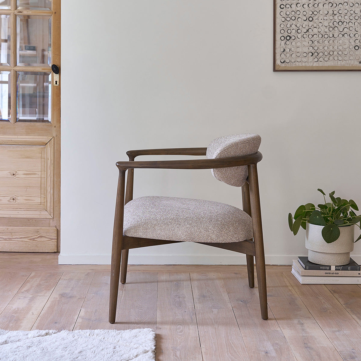 CÔME - Sillón de madera maciza y tejido con textura beige chiné