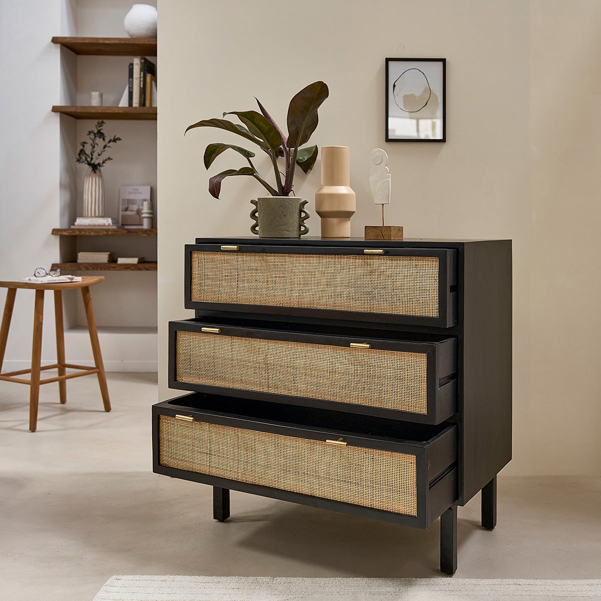 BLAISE - Cómoda de mango macizo y rejilla negra de 90 cm