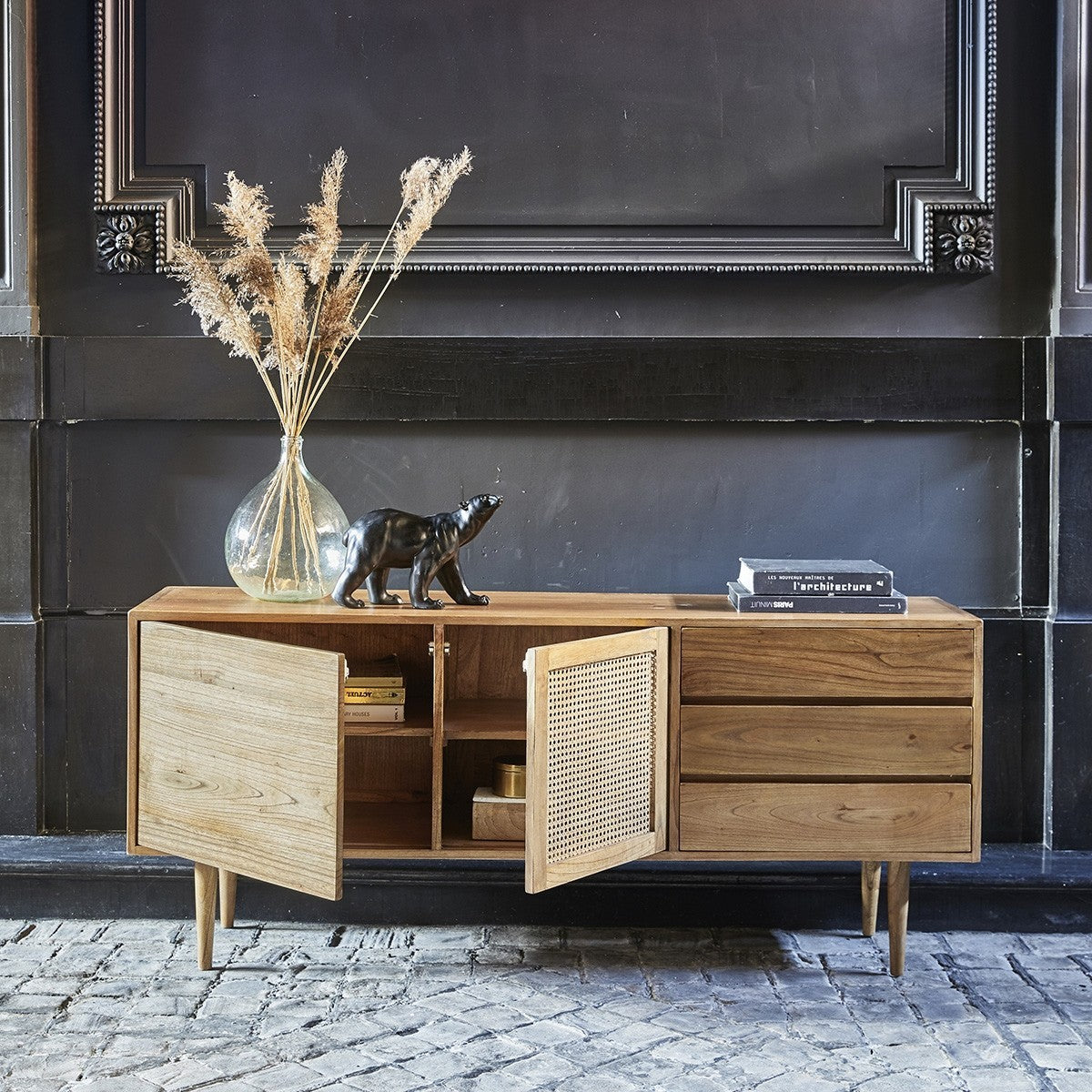 HANA - Cómoda de mindi macizo y rejilla 175 cm