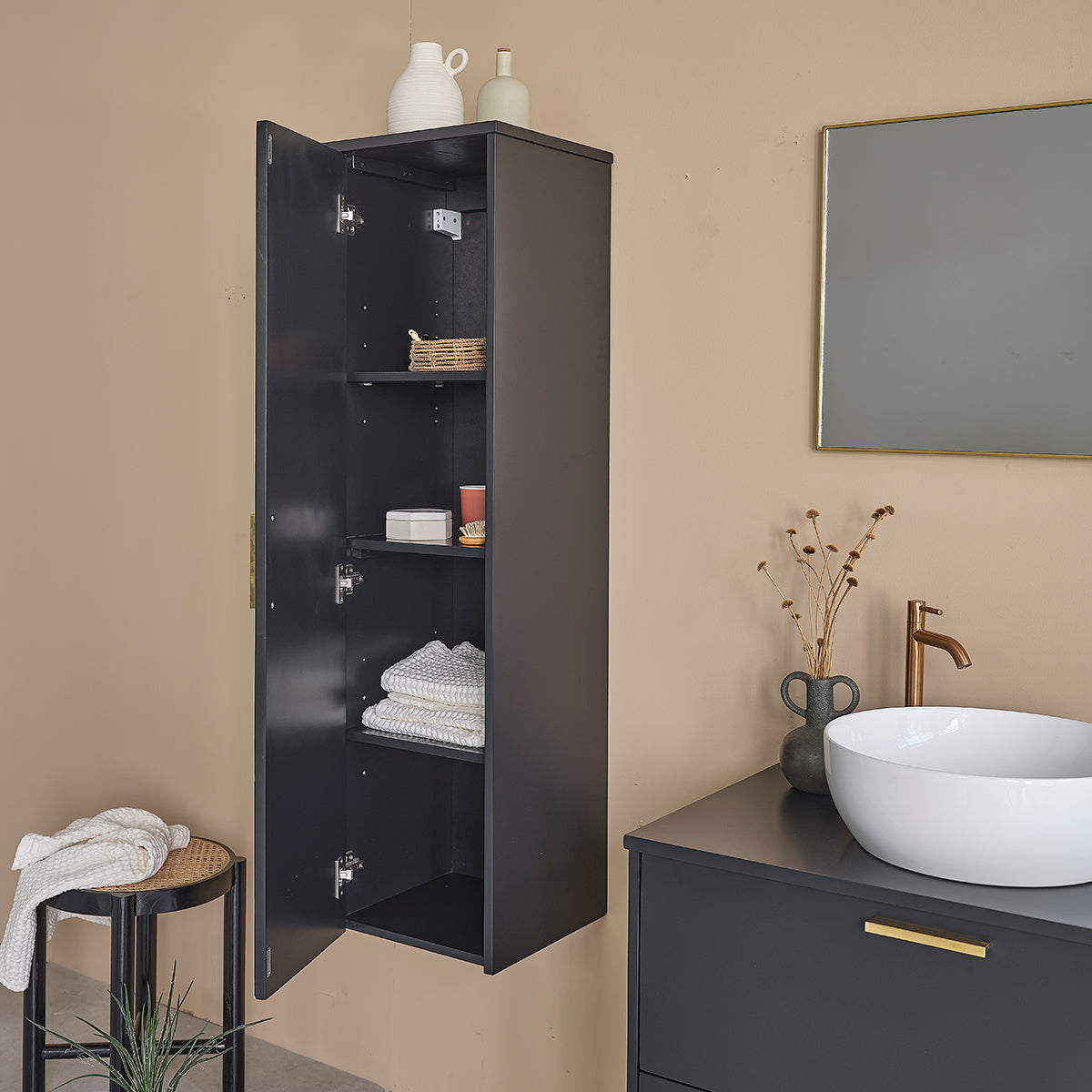 LUNA - Columna de baño negra de acacia 130 cm
