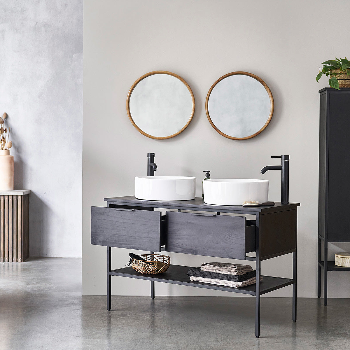 NEVEN - Mueble para lavabo de pino macizo y metal 120 cm