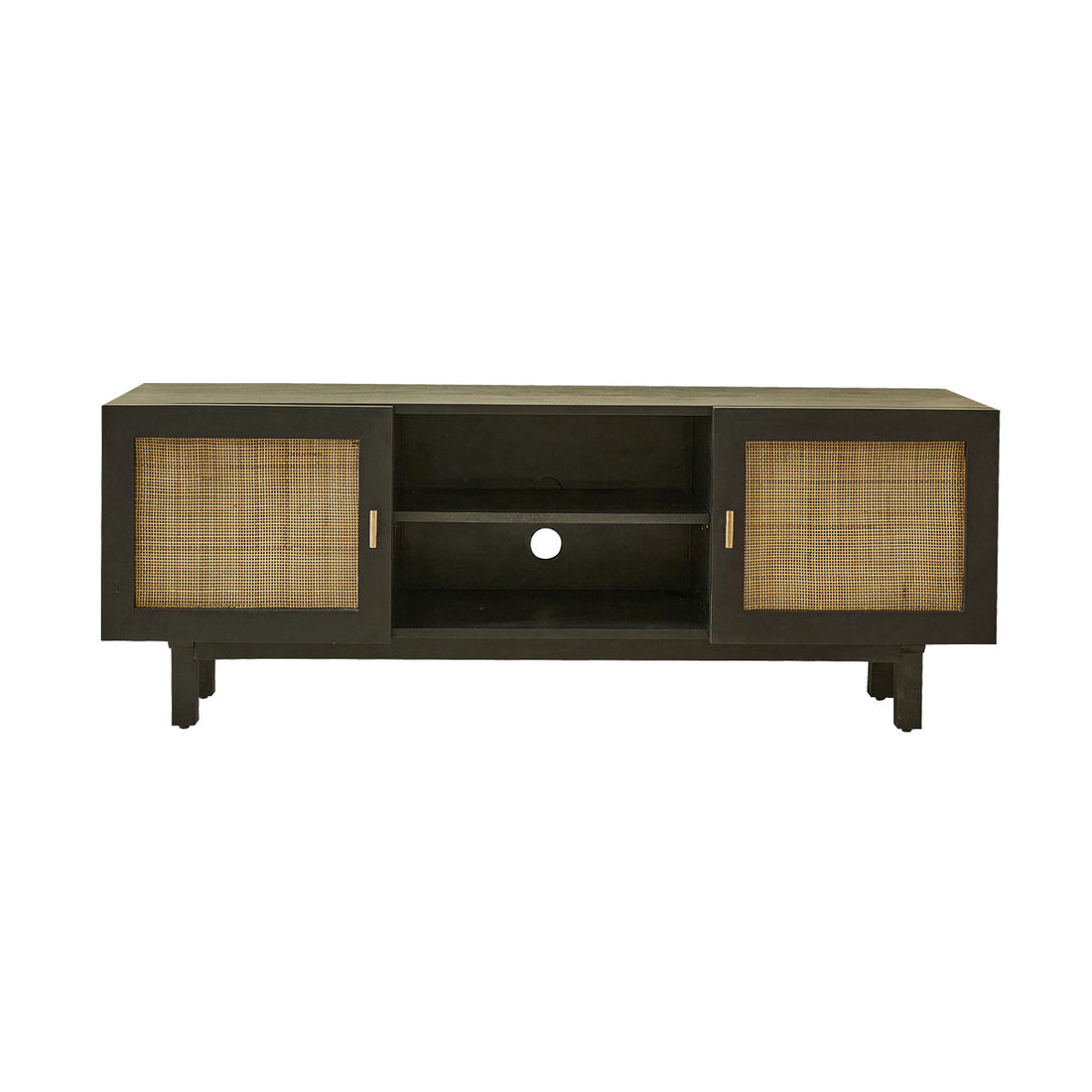 BLAISE - Mueble de TV de mango macizo negro y rejilla de 140 cm