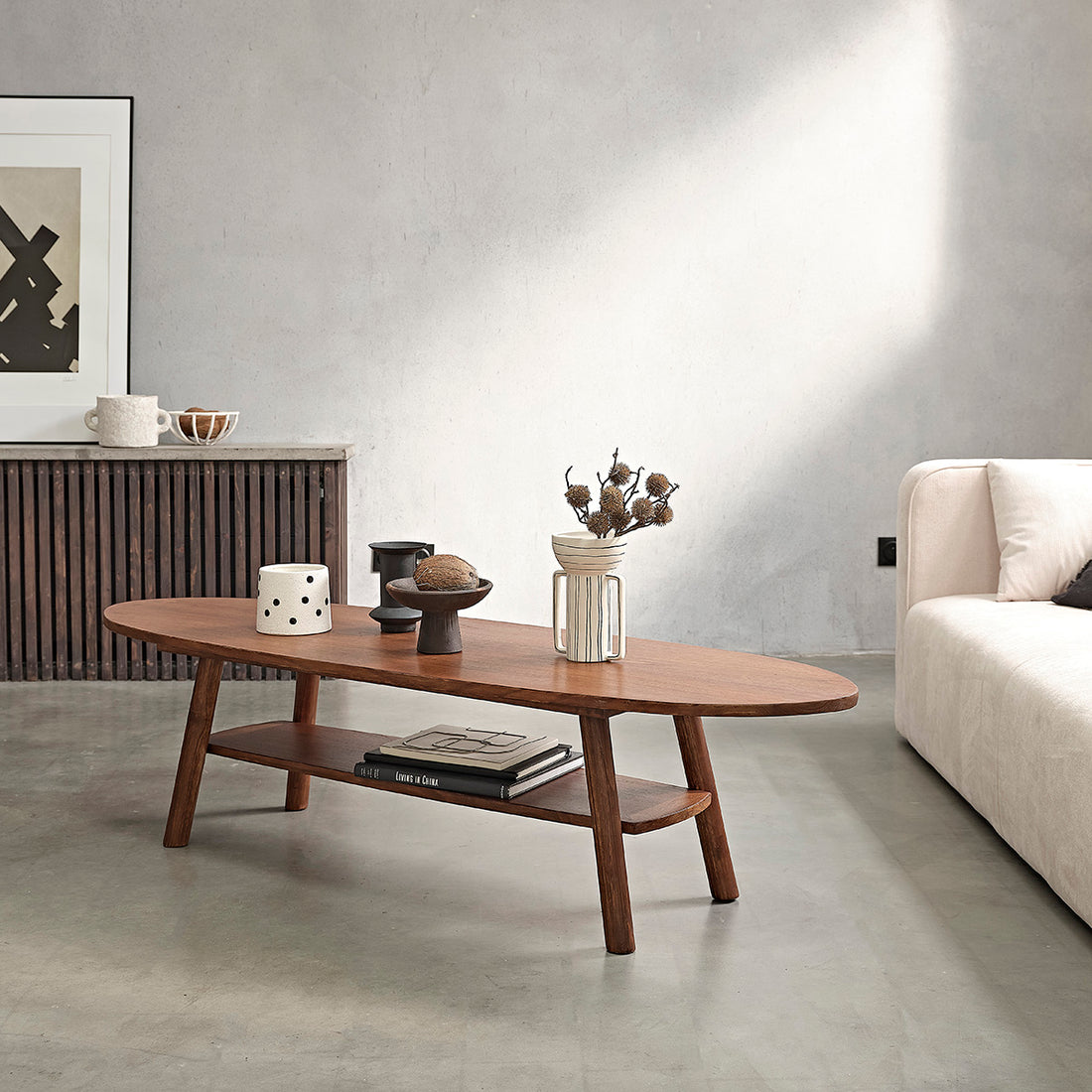 MILO - Mesa de centro de mindi macizo acabado nogal 160 cm