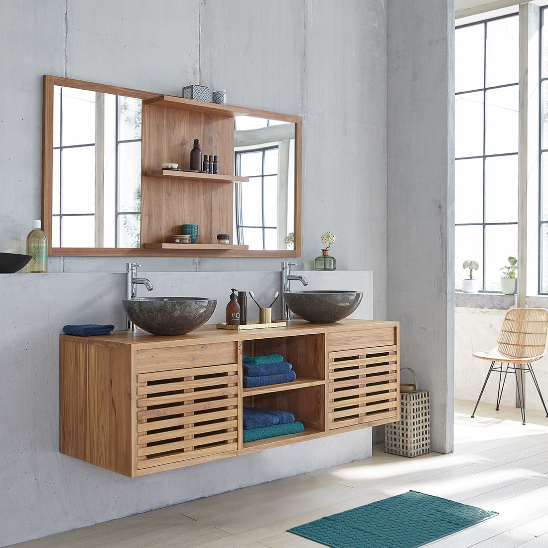 RIO - Mueble de lavabo de teca maciza suspendido 160 cm