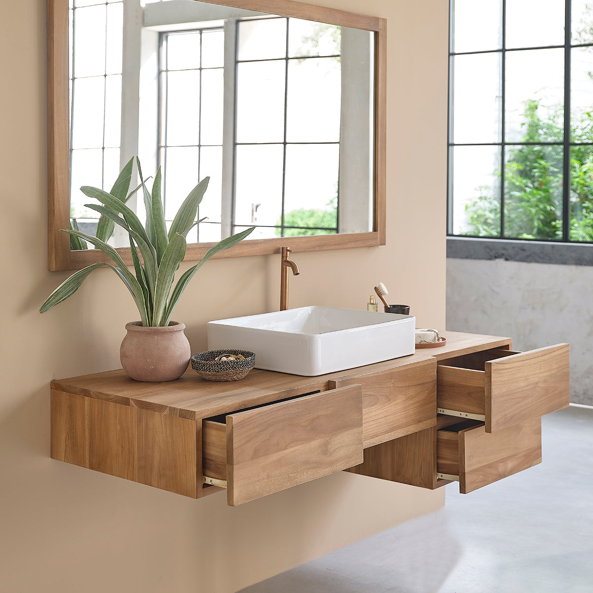 MILAN - Mueble de lavabo de teca maciza suspendido 145 cm