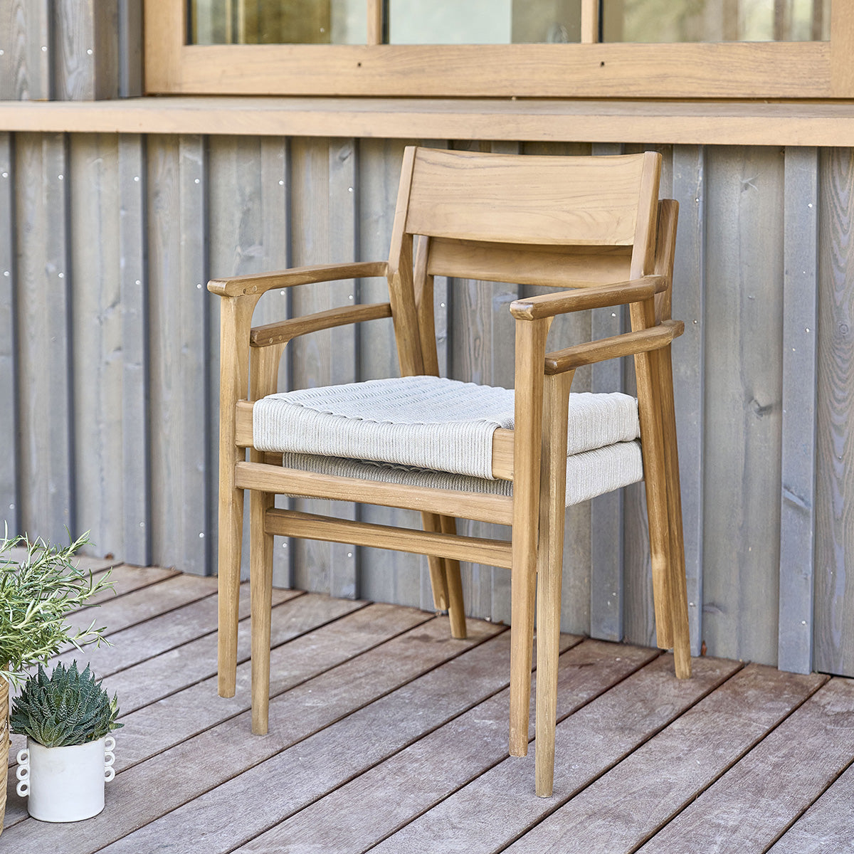 LIVIE - Sillón de jardín de teca maciza y cuerda beige (lote de 2)