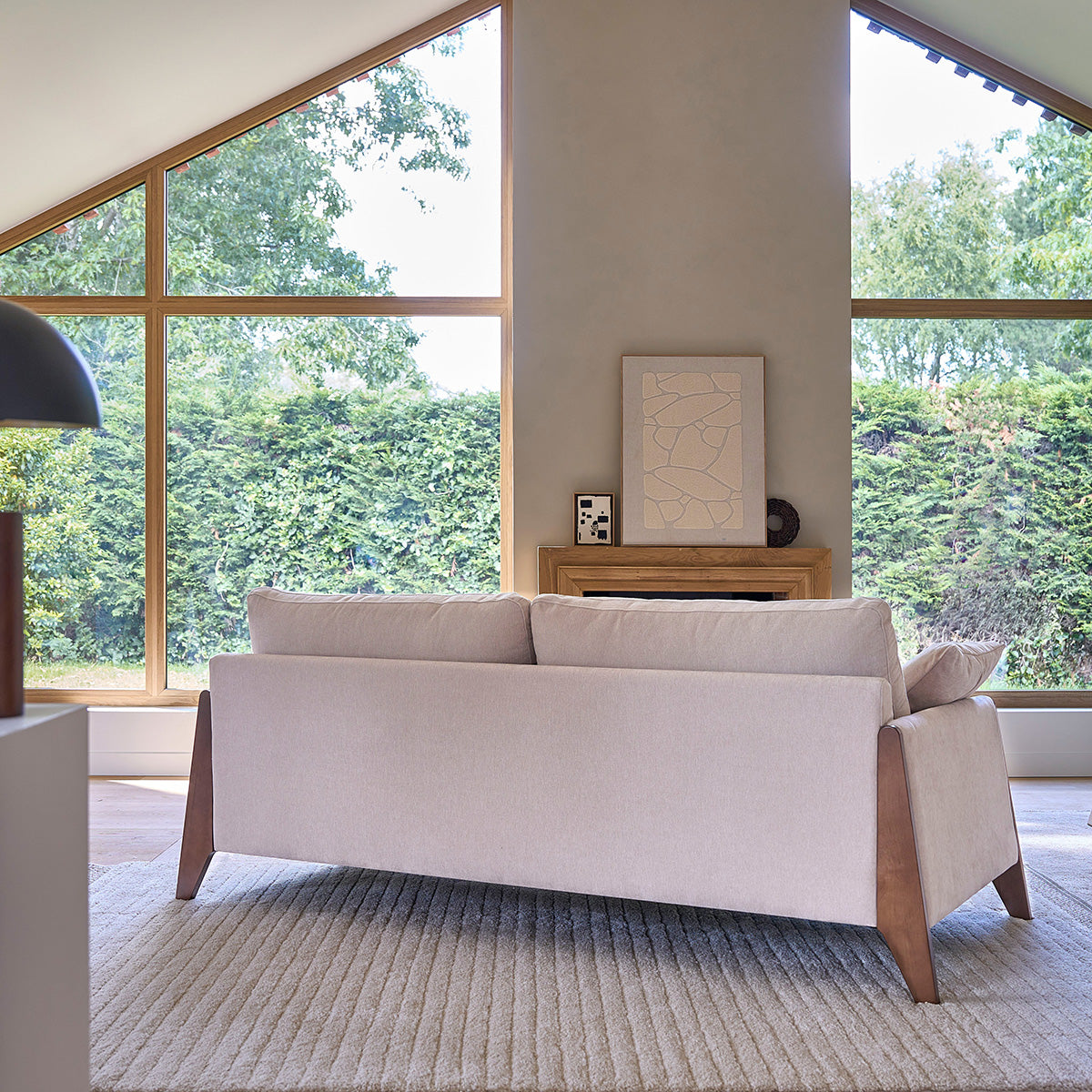 ONDINE - Sofá recto de 3 plazas de madera maciza y terciopelo beige chiné