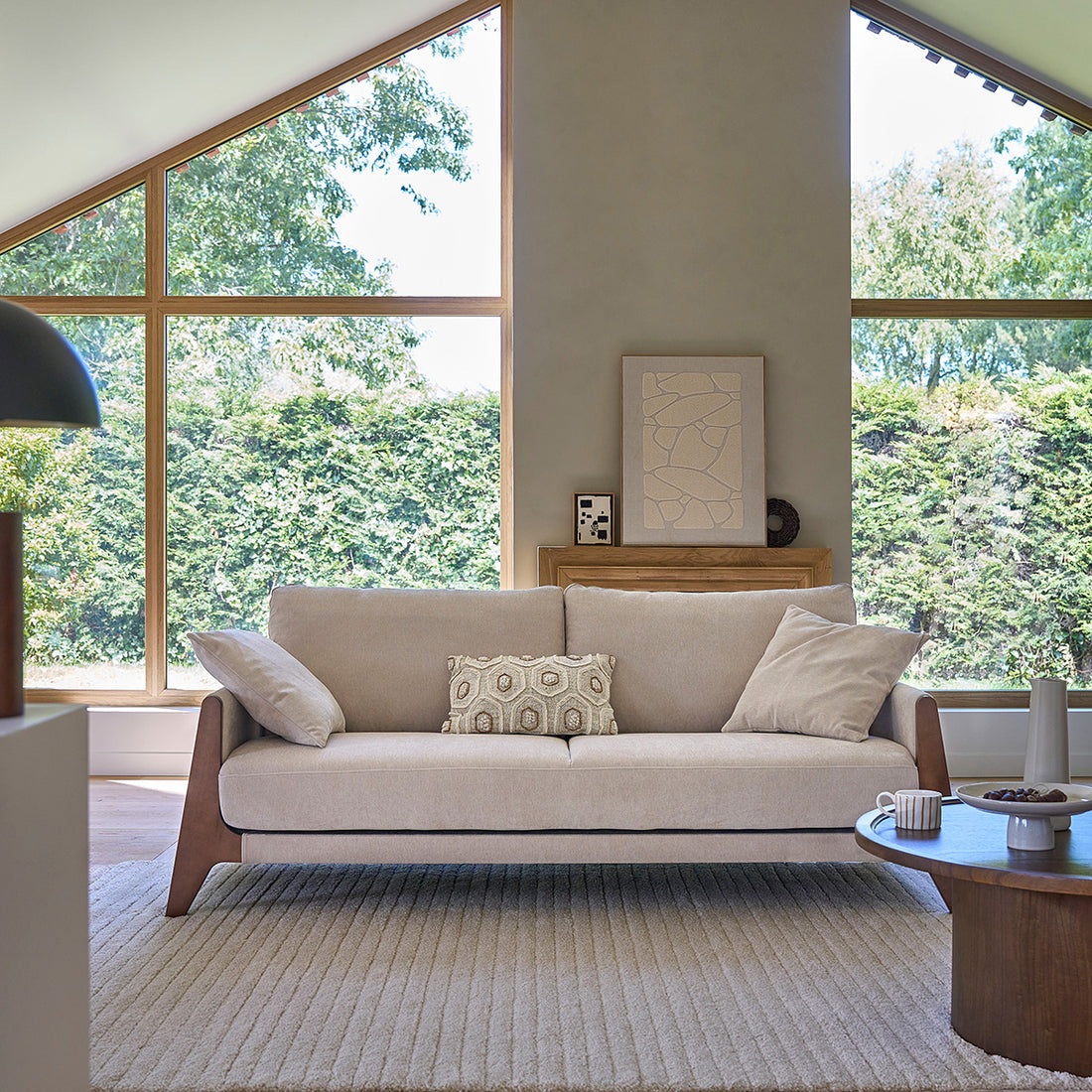 ONDINE - Sofá recto de 3 plazas de madera maciza y terciopelo beige chiné