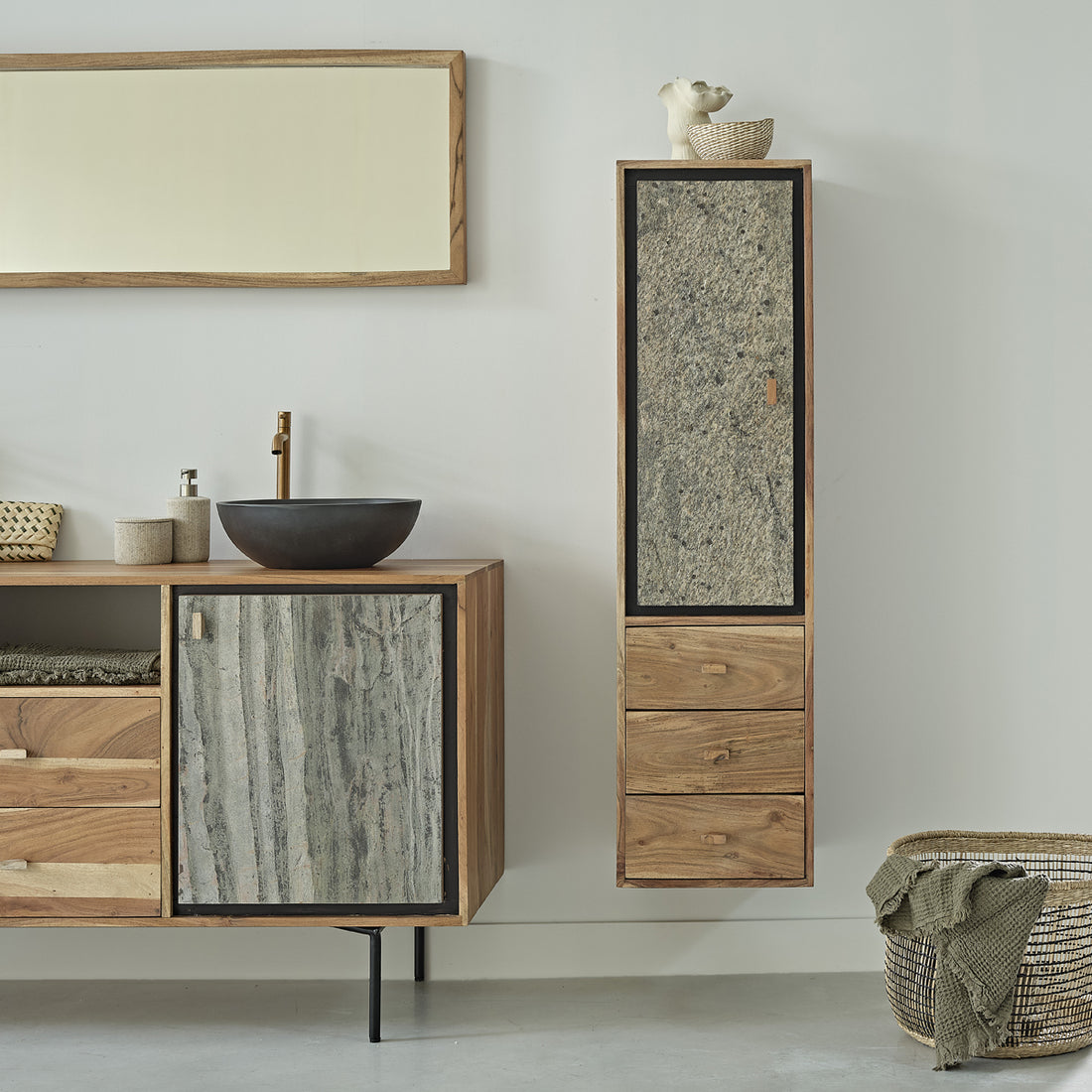 EDEN ROCK - Columna de baño de acacia maciza y piedra 130 cm