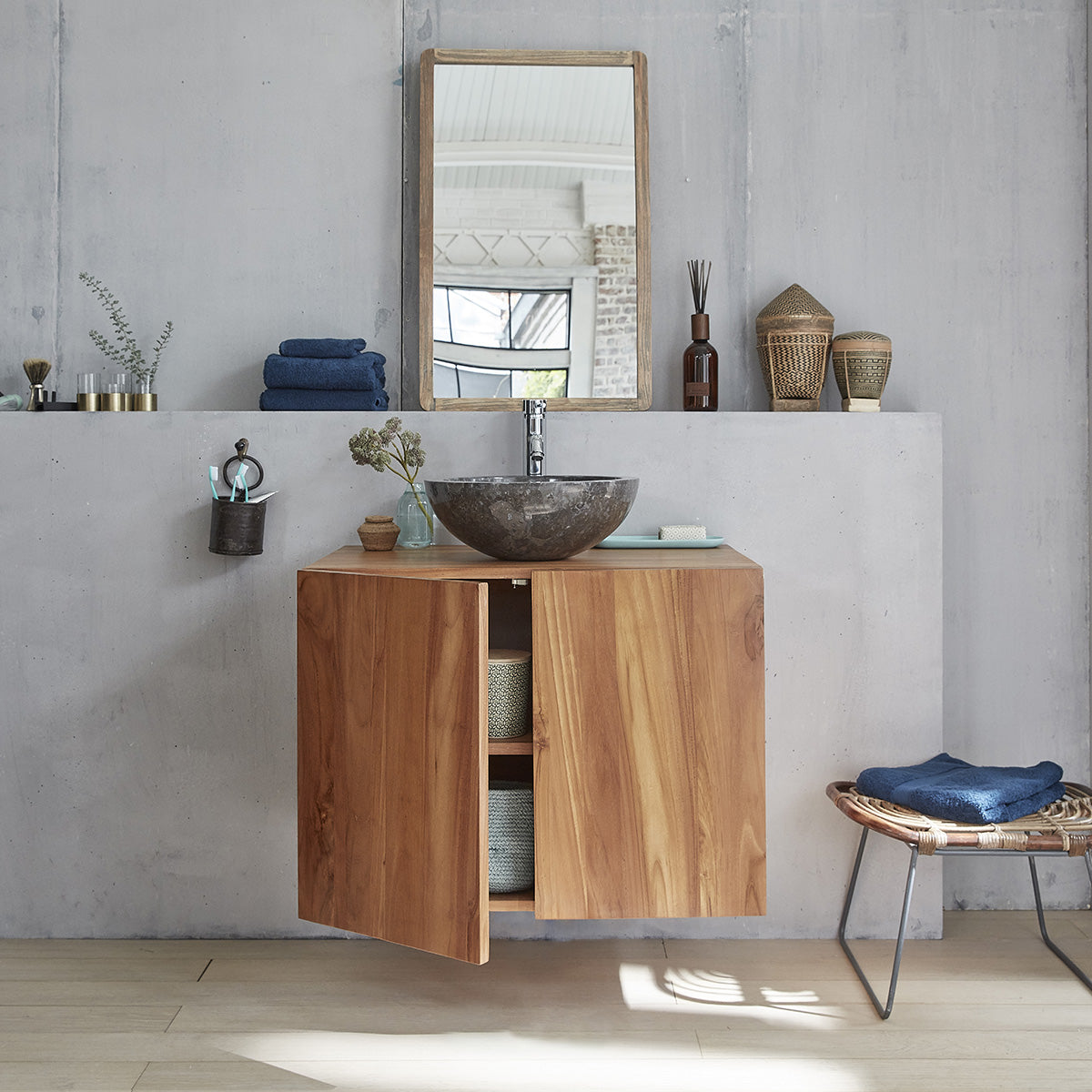 MAË - Mueble de lavabo de teca maciza suspendido 80 cm