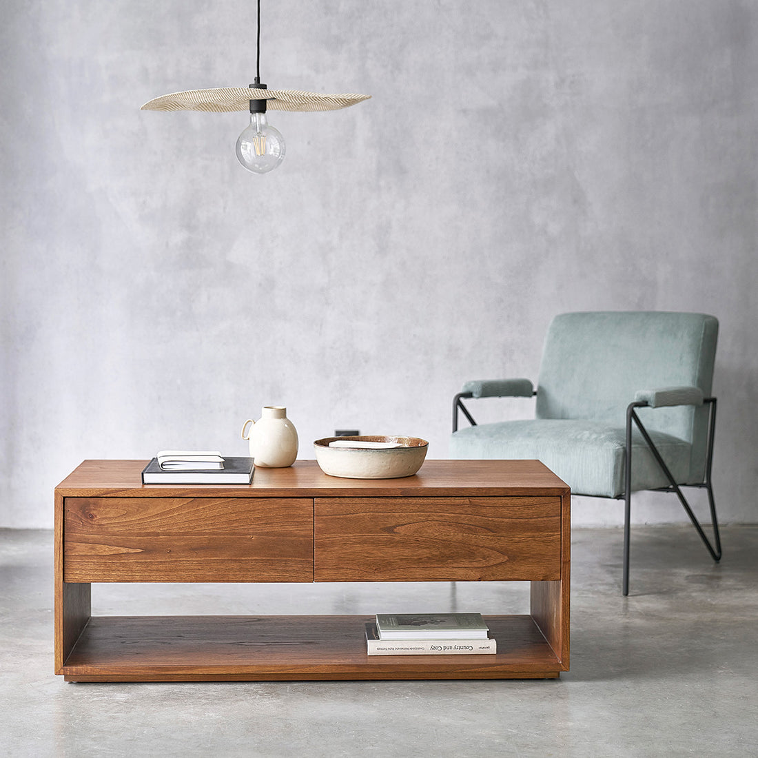 MILO - Mesa de centro de mindi macizo acabado nogal 120 cm