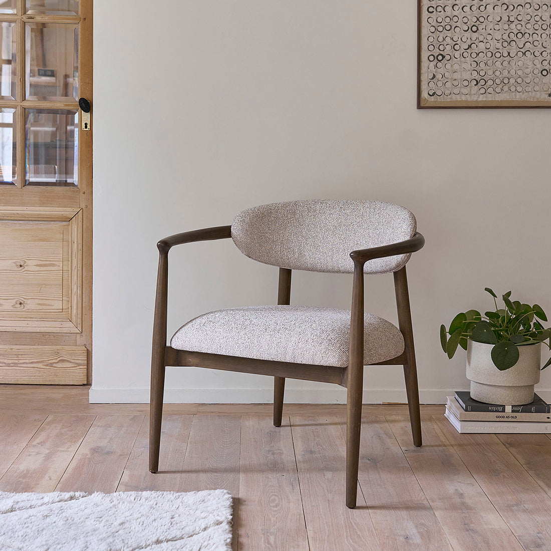 CÔME - Sillón de madera maciza y tejido con textura beige chiné