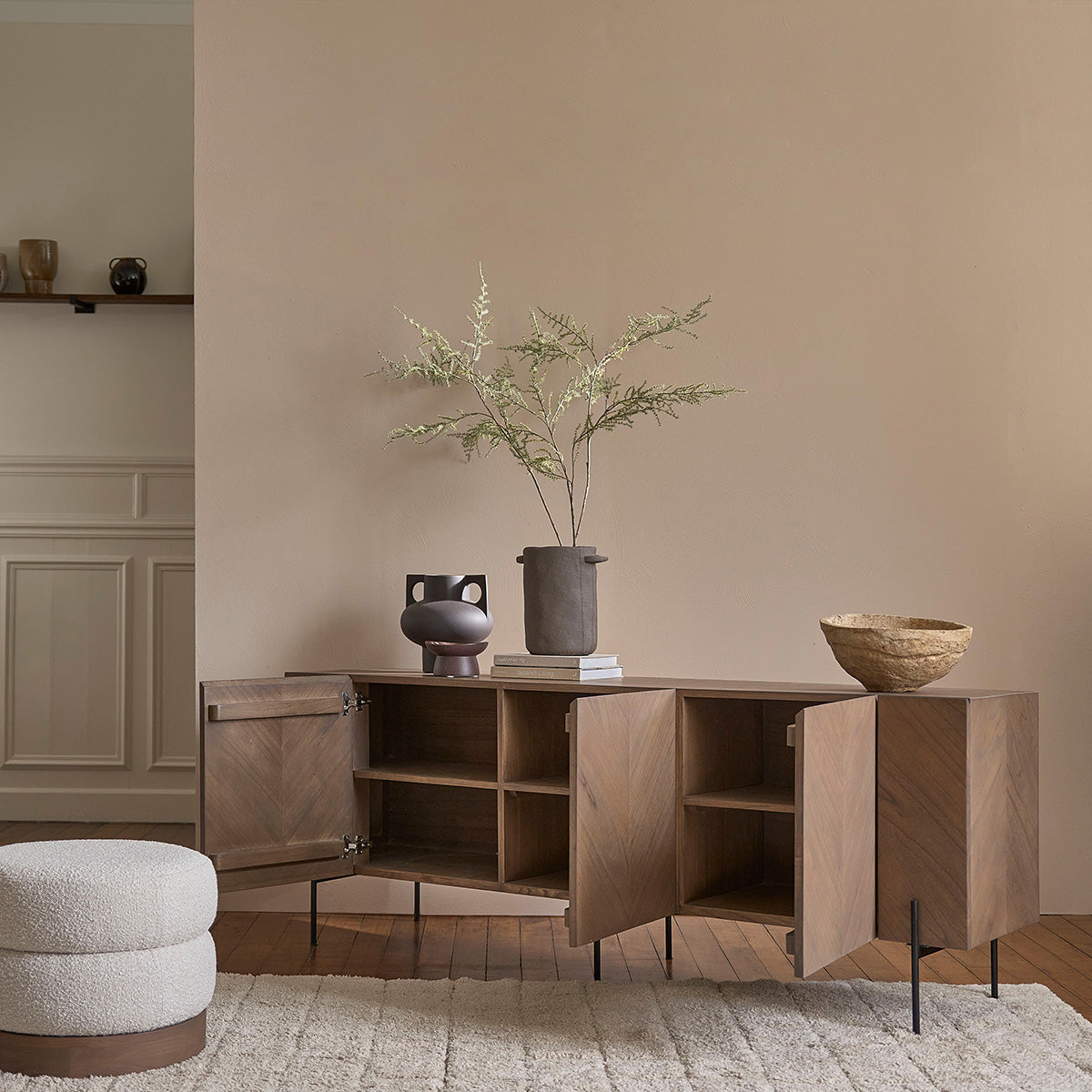 CALIX - Aparador de mindi macizo y metal acabado nogal 200 cm