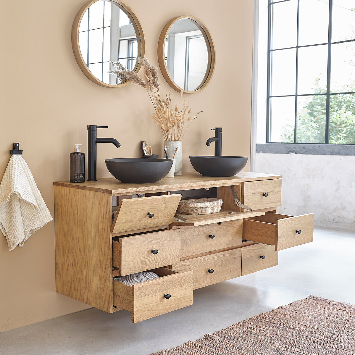 ERNEST - Mueble para lavabo de roble macizo suspendido de 140 cm