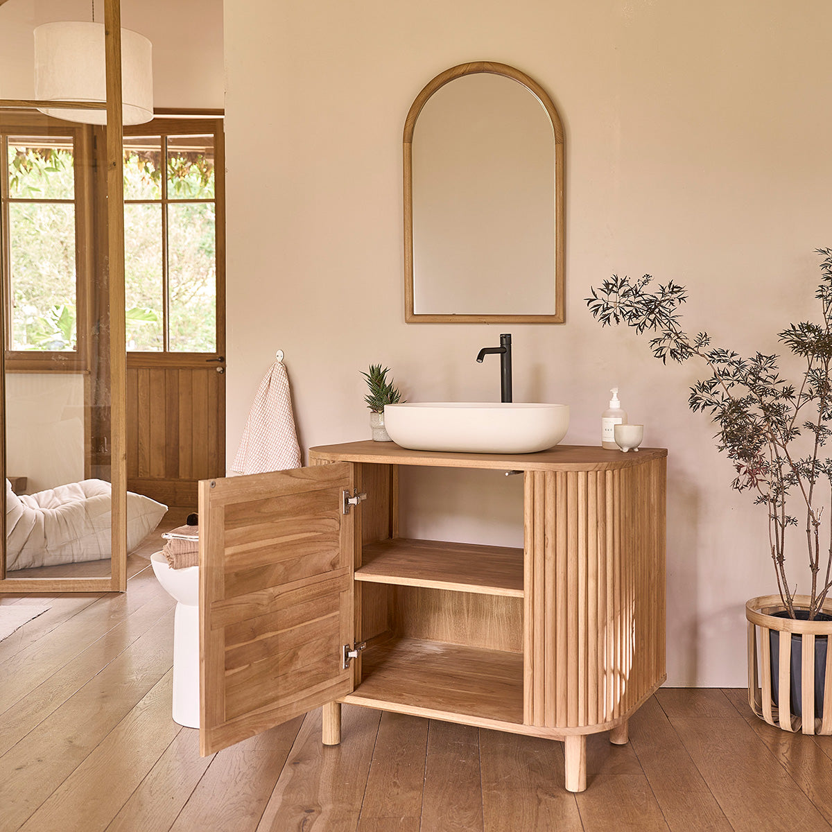 COLINE - Mueble para lavabo de teca maciza de 90 cm