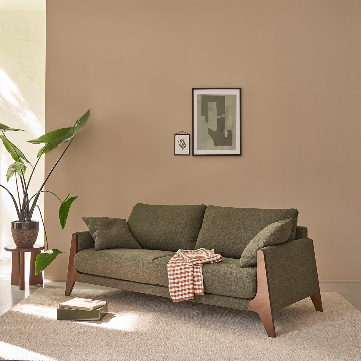 ONDINE - Sofá recto de 3 plazas de madera maciza y tejido bouclette caqui