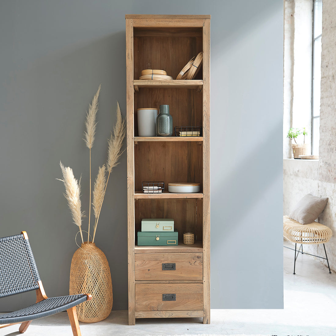 CARGO - Librería alta de teca maciza reciclada, H 220 cm