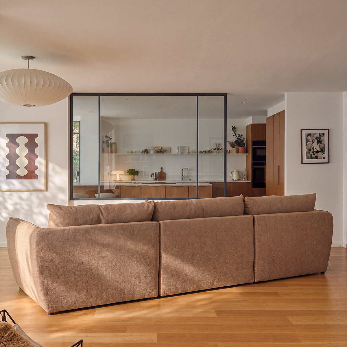 LEOPOLD - Sofá esquinero modular de 3 plazas en tejido texturizado marrón claro jaspeado - chaise longue recta