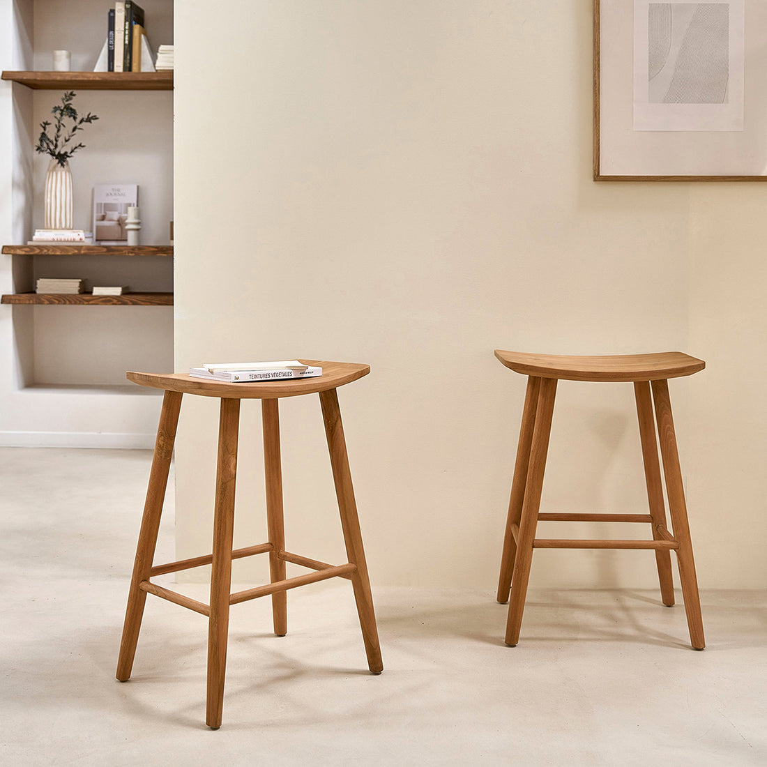 AMBRE - Juego de 2 taburetes de teca maciza de 65 cm