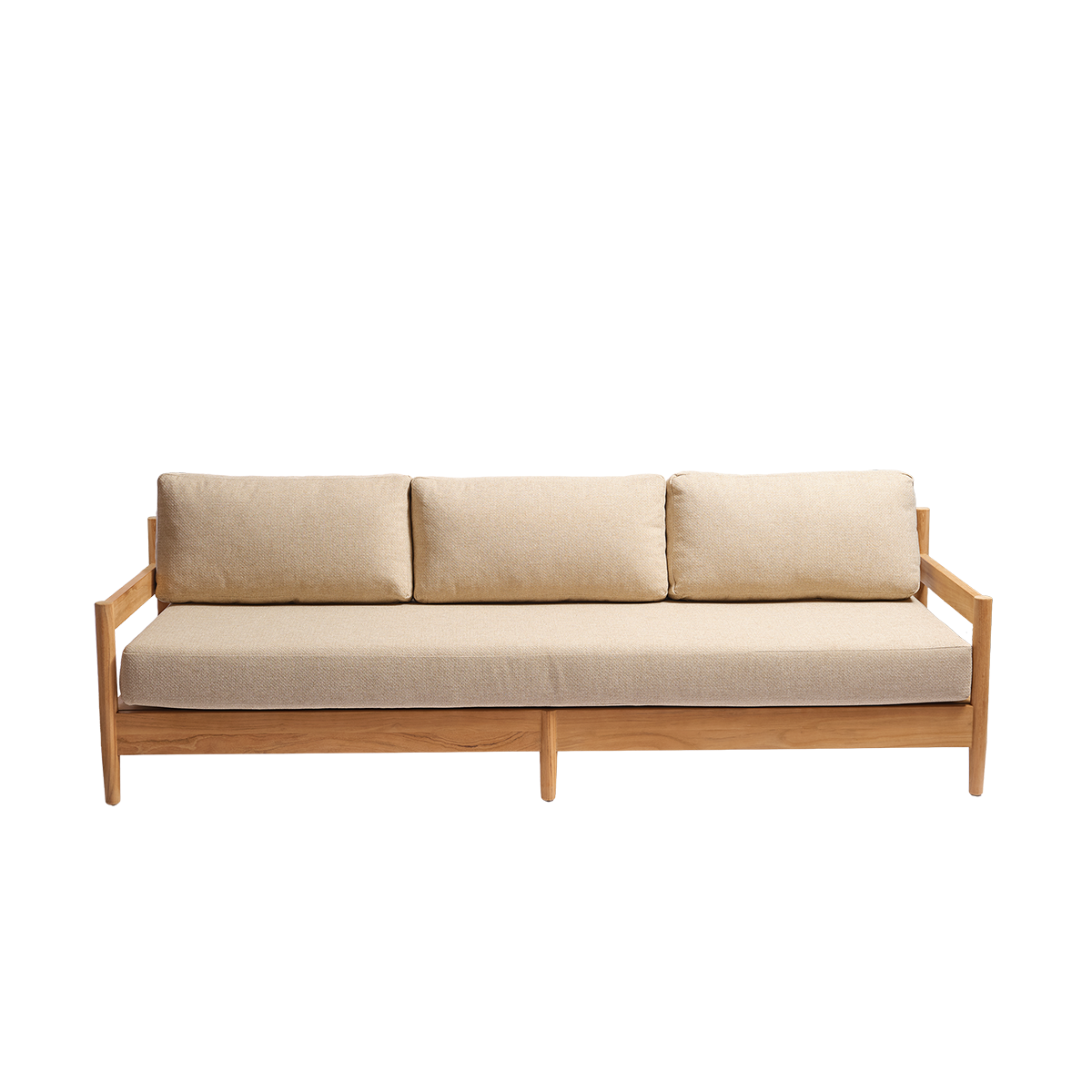 CALVI - Sofá de jardín bajo de teca maciza con cojines beige jaspeado, para 4 personas.
