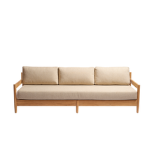 Sofá de jardín bajo de teca maciza con cojines beige jaspeado, para 4 personas.