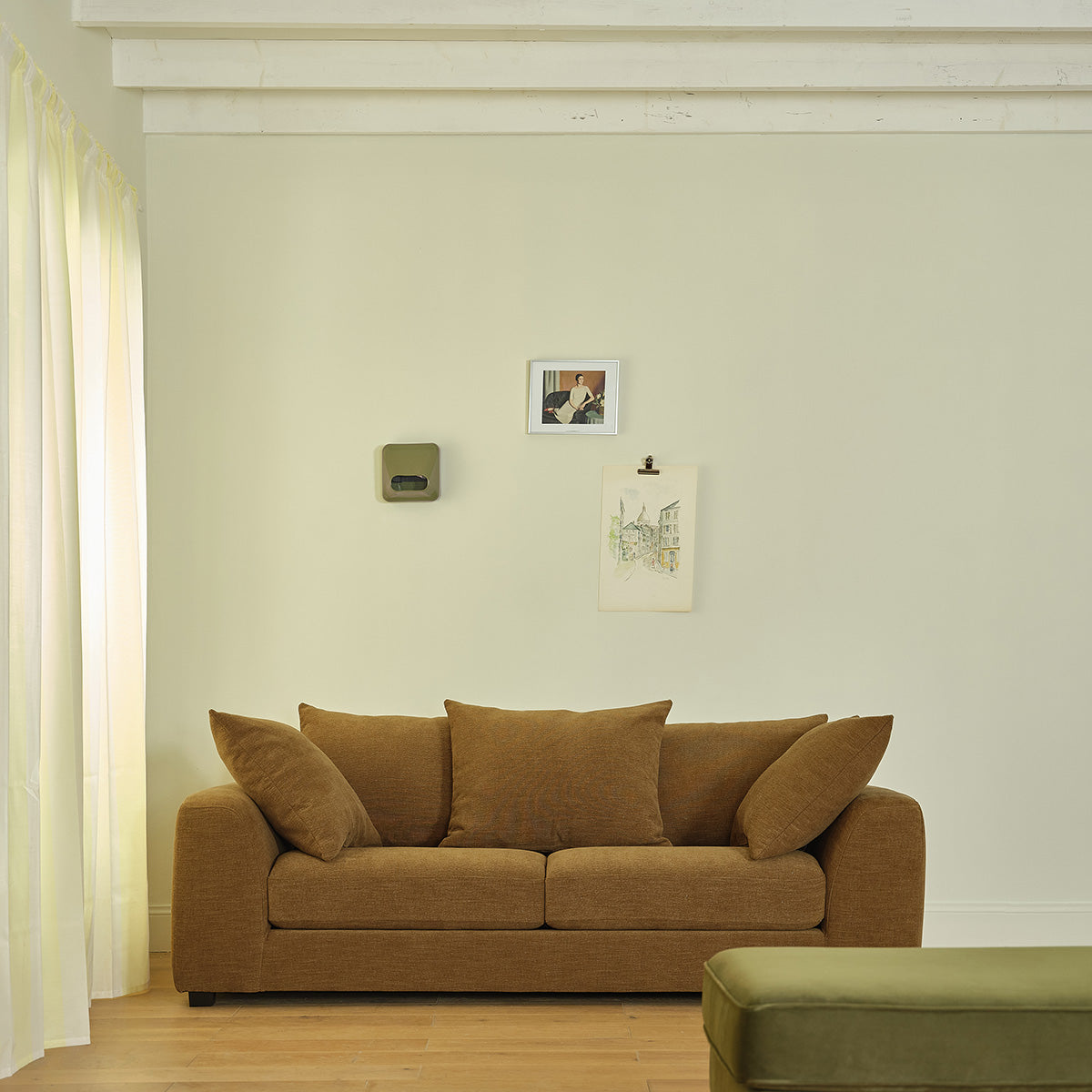 EDMOND - Sofá recto de 3 plazas en tejido efecto lino bronce