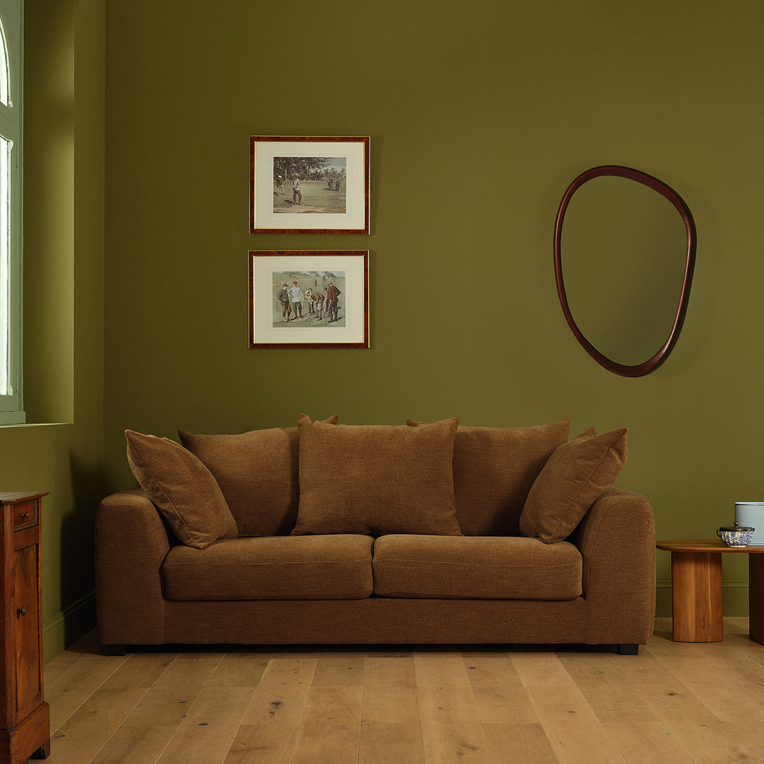 EDMOND - Sofá recto convertible de 3 plazas en tejido efecto lino bronce