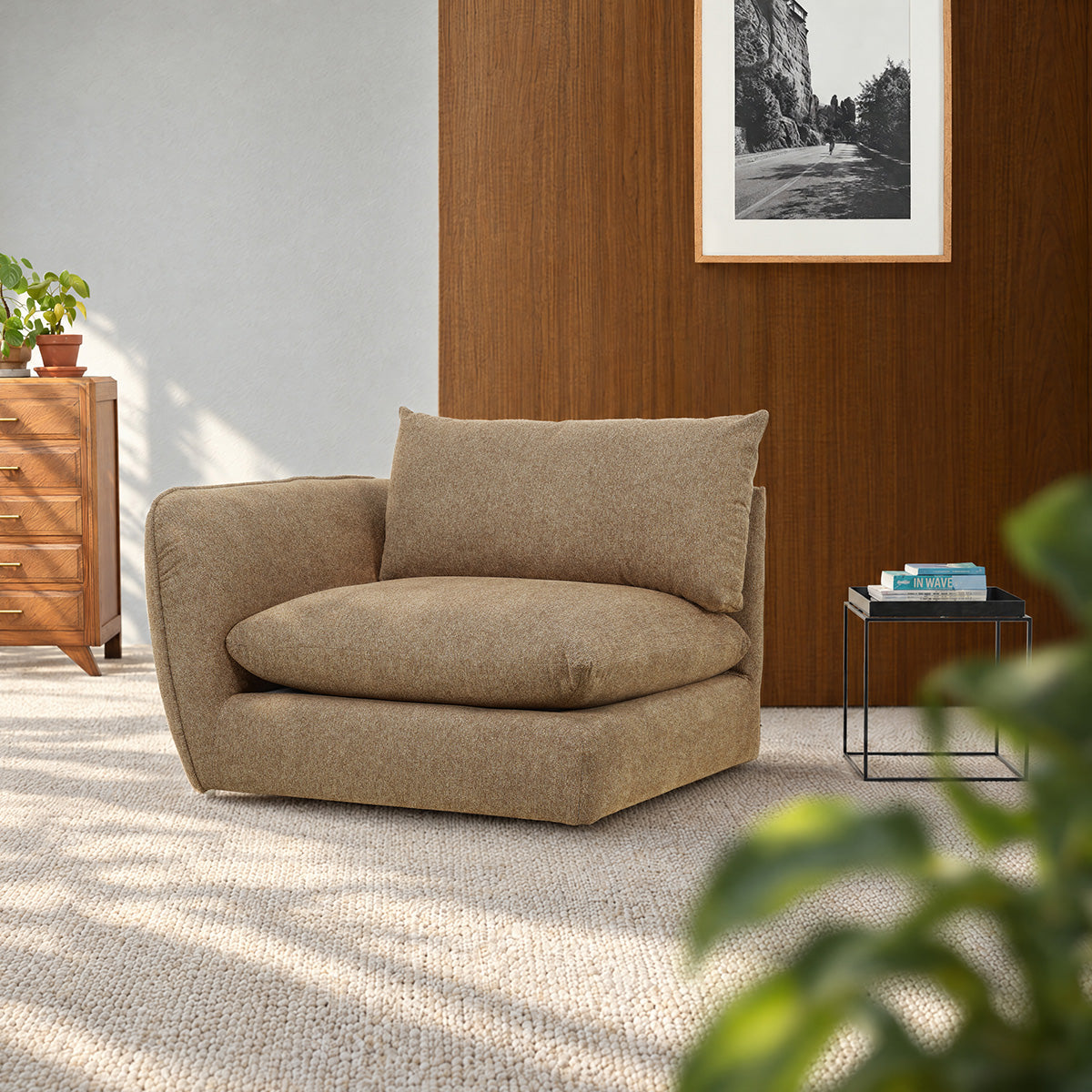 LEOPOLD - Esquina izquierda modular en tejido texturizado de color marrón claro 