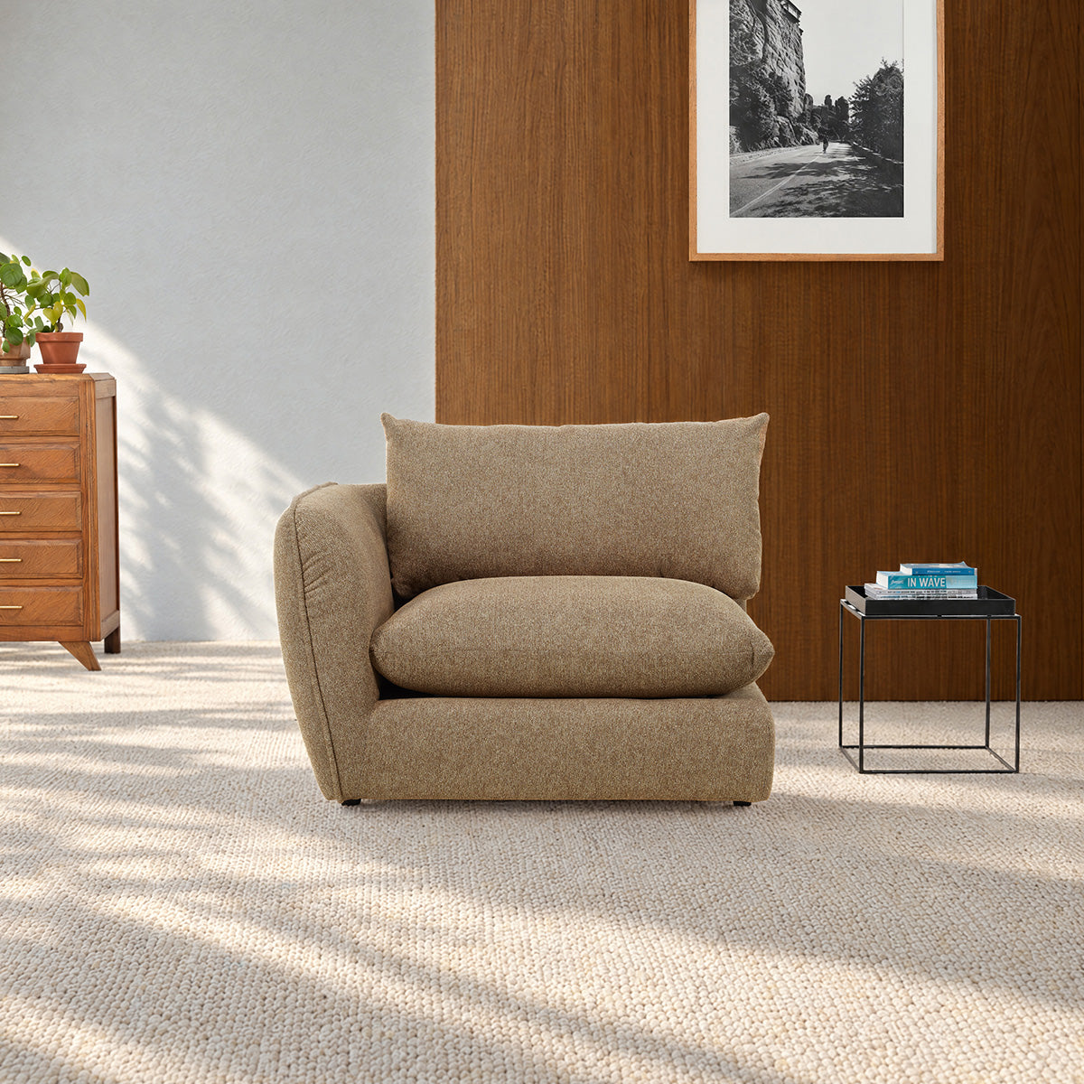 LEOPOLD - Esquina izquierda modular en tejido texturizado de color marrón claro 