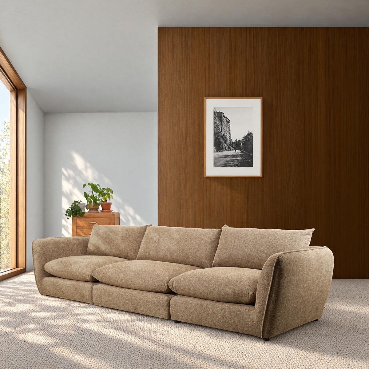 LEOPOLD - Sofá modular de 3 plazas en tejido texturizado de color marrón claro