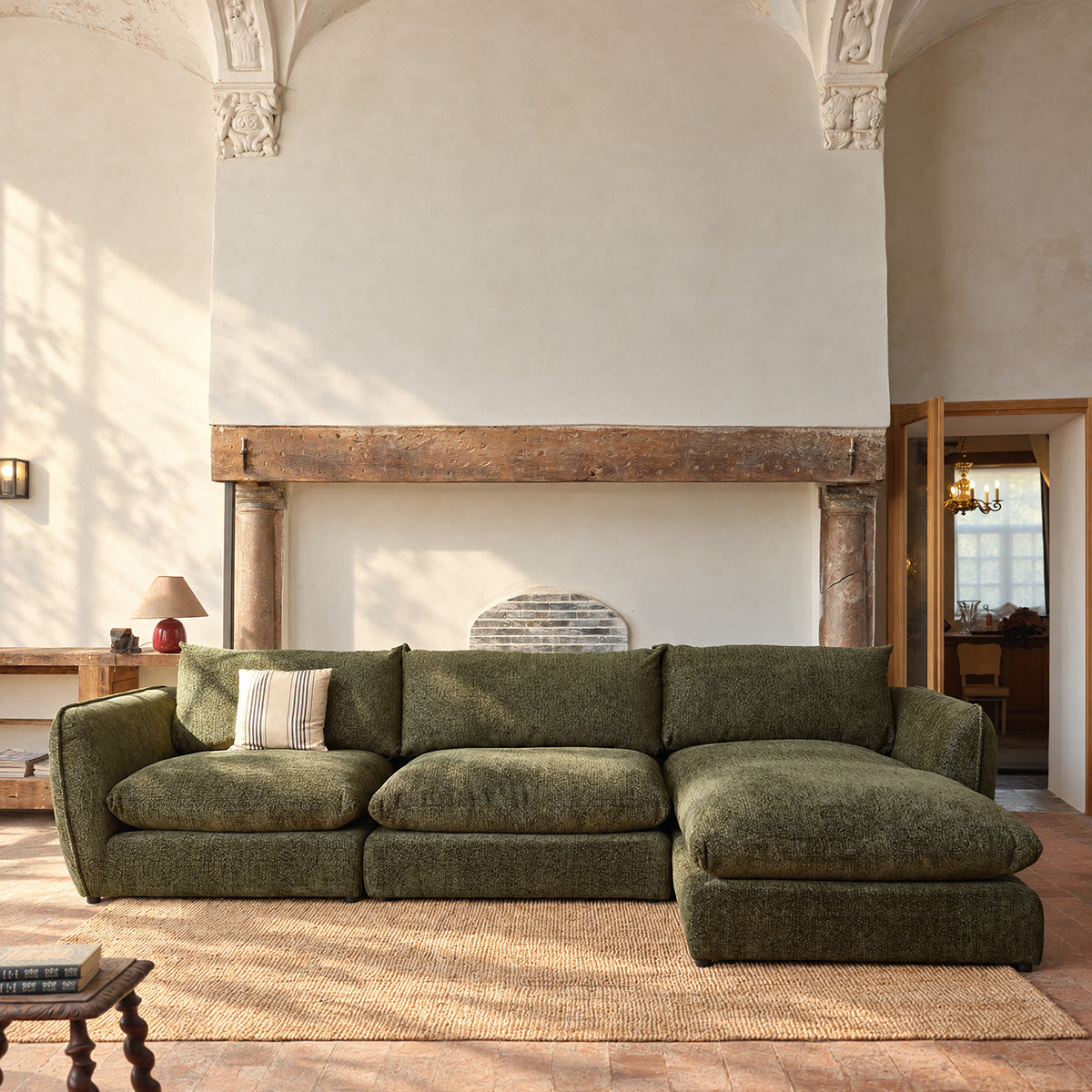 LEOPOLD - Sofá modular de 3 plazas en tejido de chenilla verde jaspeado - chaise longue derecha