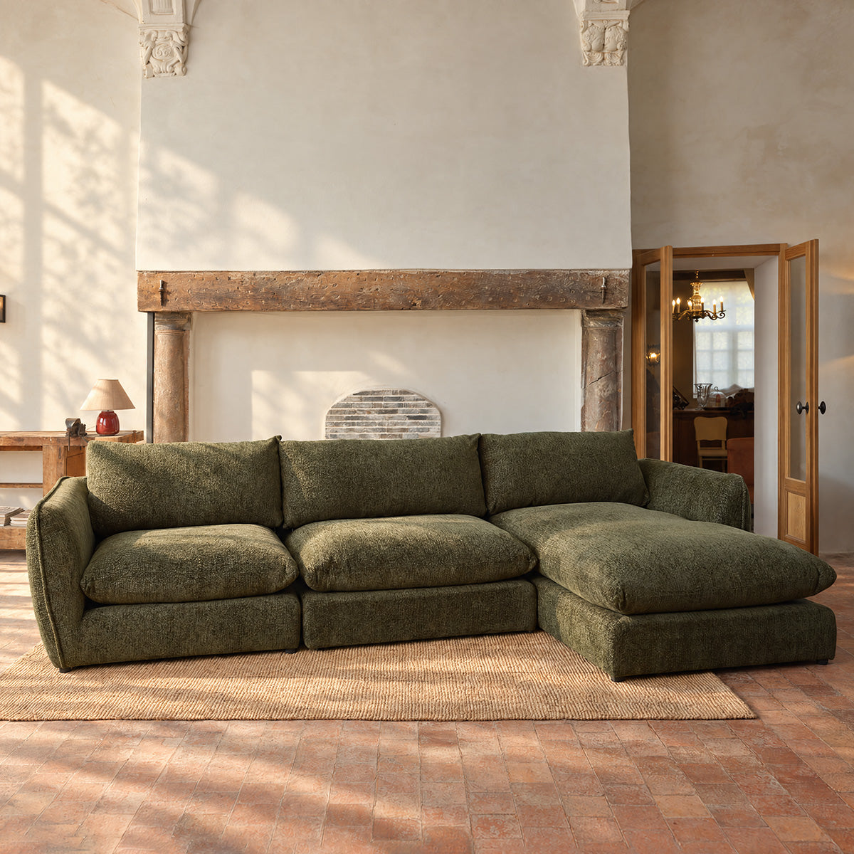 LEOPOLD - Sofá modular de 3 plazas en tejido de chenilla verde jaspeado - chaise longue derecha