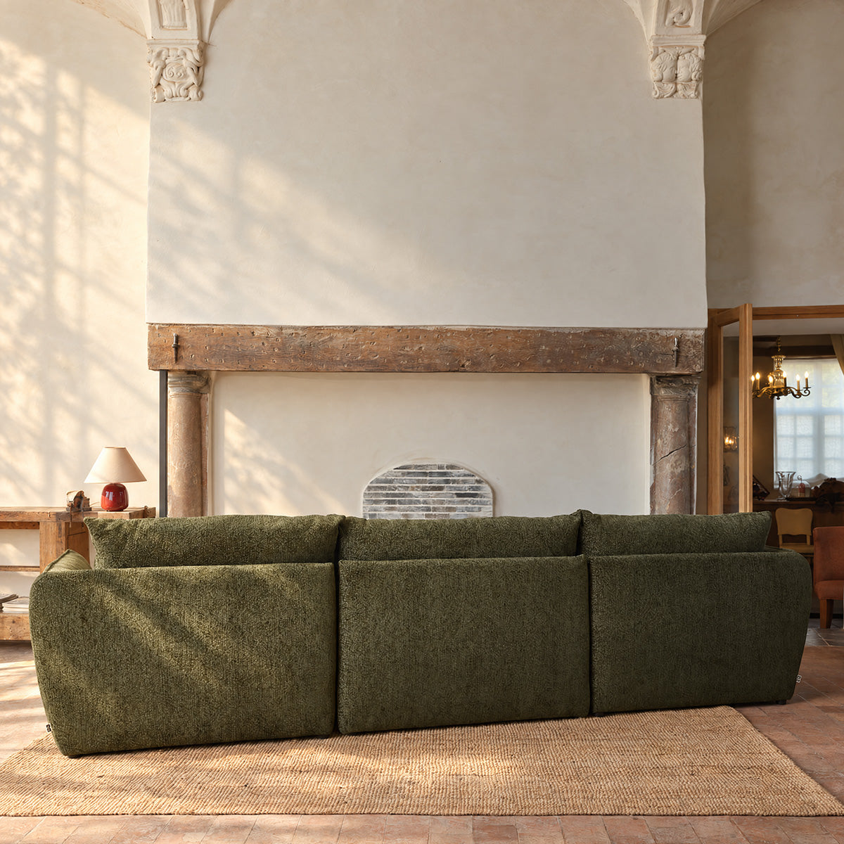 LEOPOLD - Sofá modular de 3 plazas en tejido de chenilla verde jaspeado - chaise longue derecha