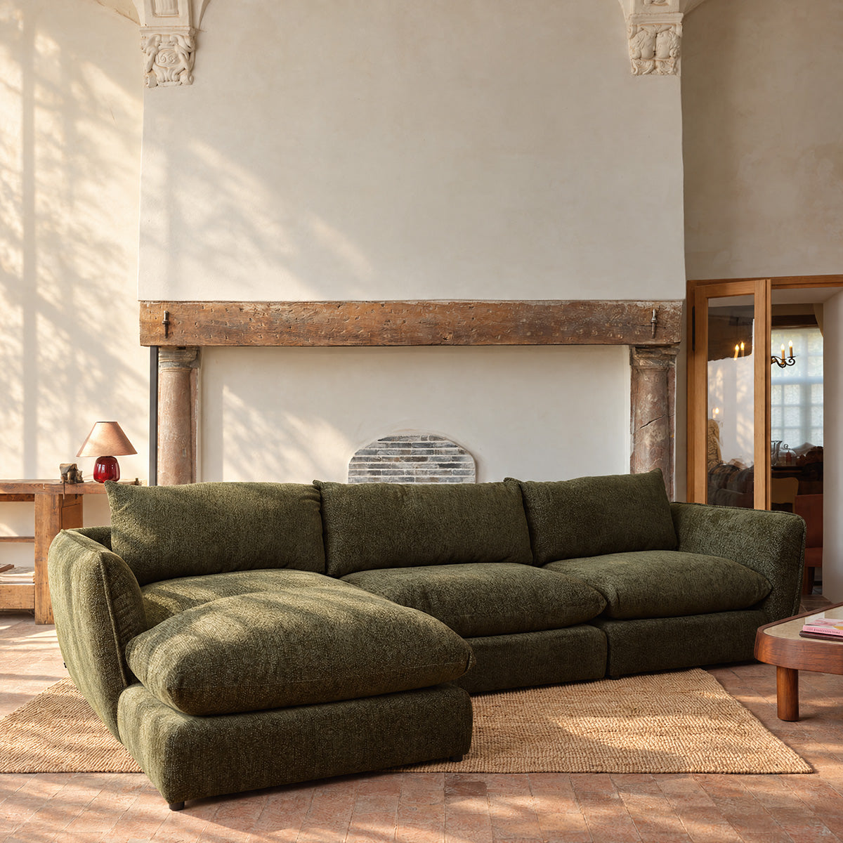 LEOPOLD - Sofá modular de 3 plazas en tejido de chenilla verde jaspeado - chaise longue a la izquierda