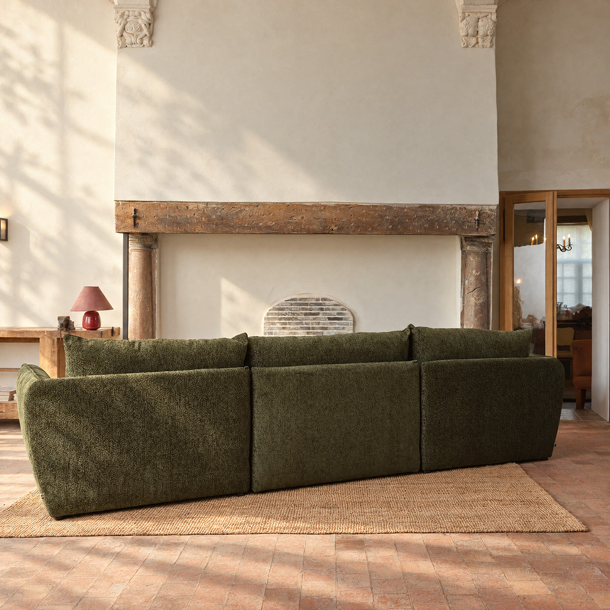 LEOPOLD - Sofá modular de 3 plazas en tejido de chenilla verde jaspeado - chaise longue a la izquierda