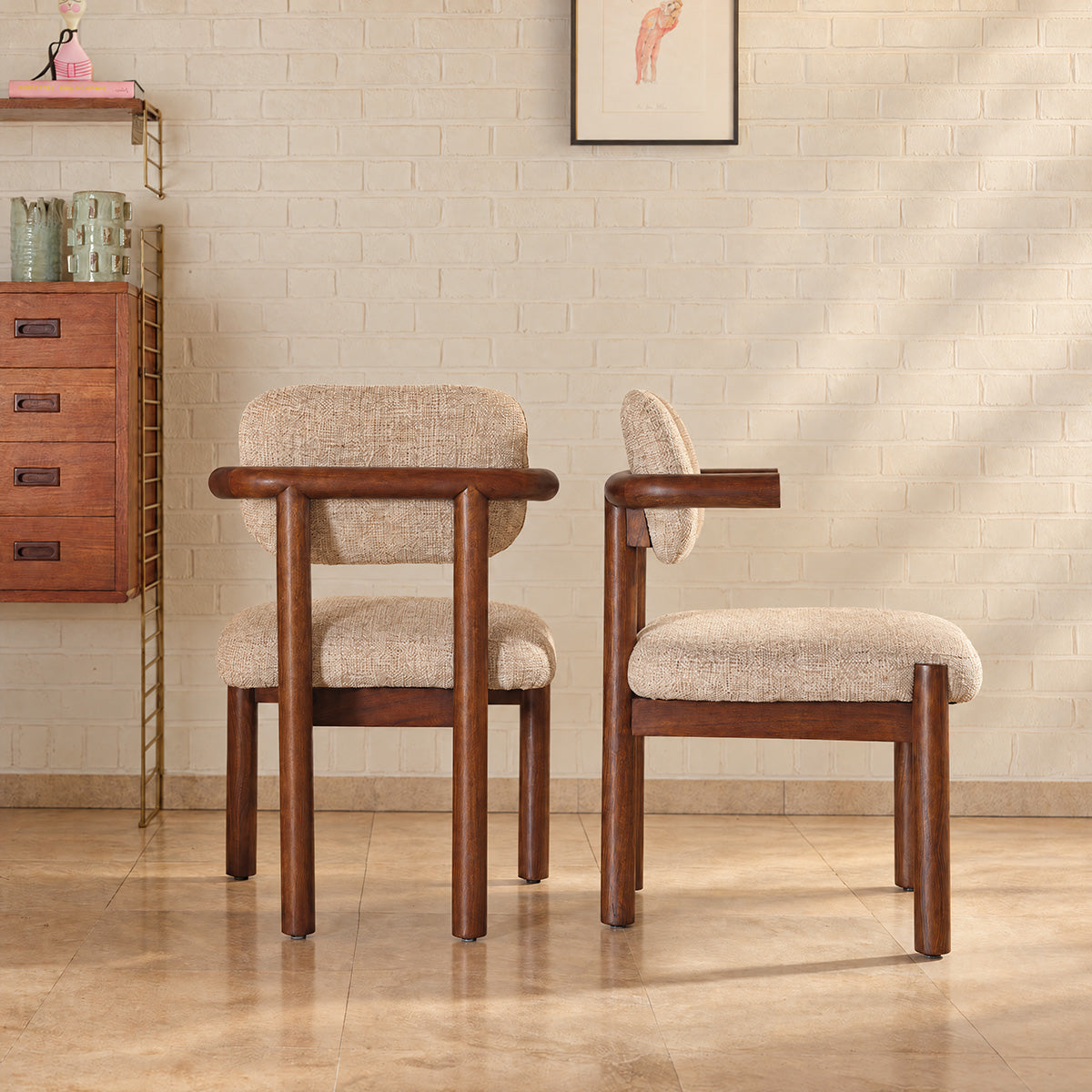 NEO - Juego de 2 sillas de madera maciza de mindi y tela texturizada en beige jaspeado