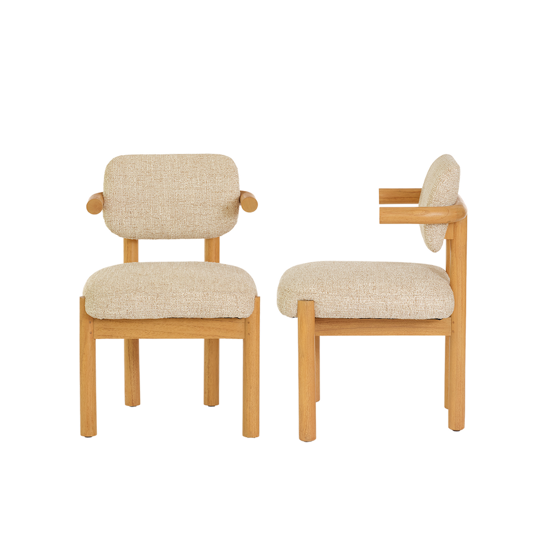 NEO - Juego de 2 sillas de madera maciza de mindi natural y tela beige jaspeada