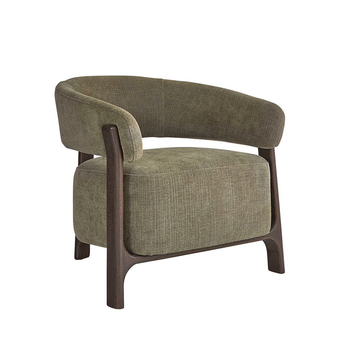 Sillón de madera maciza con acabado en nogal y terciopelo caqui